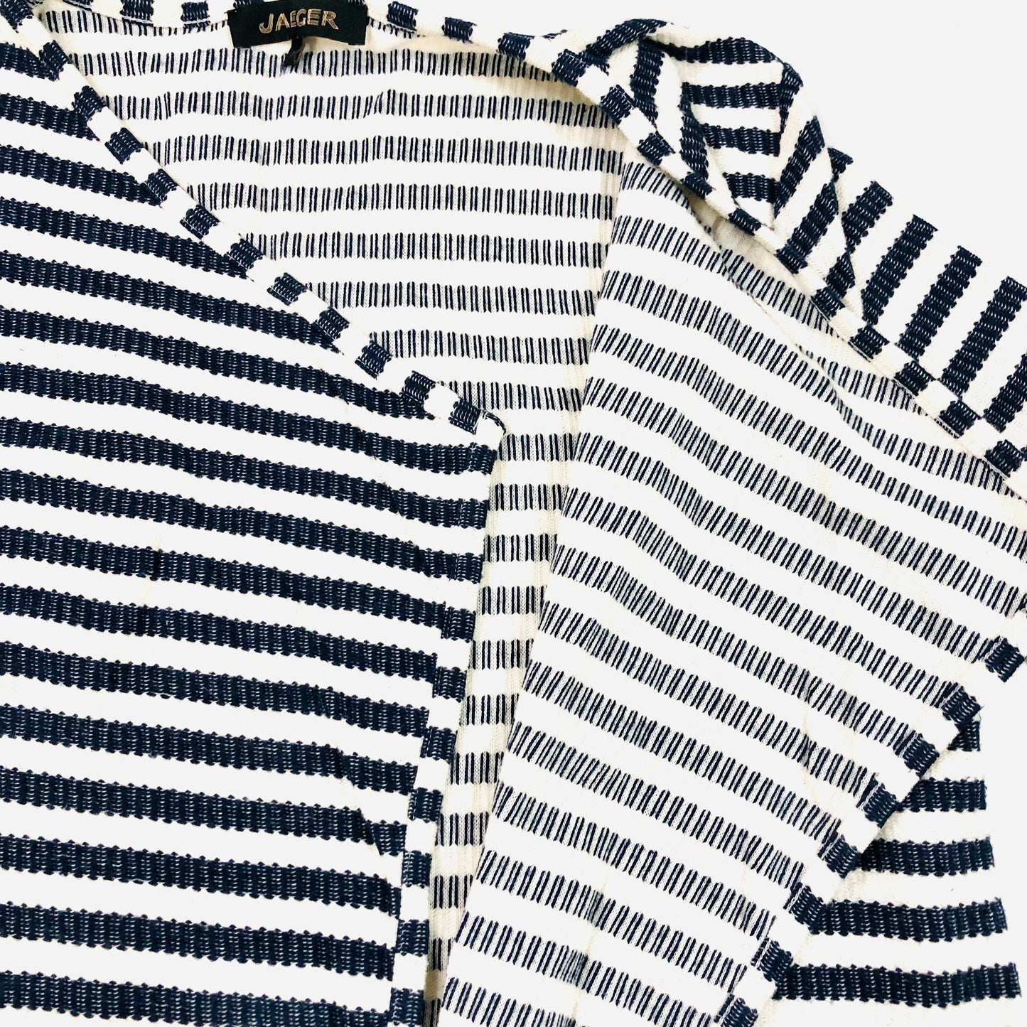 Jaeger Ladies Navy Blue & White Woven Striped Open Front Cardigan / Casual Jacket Size Small