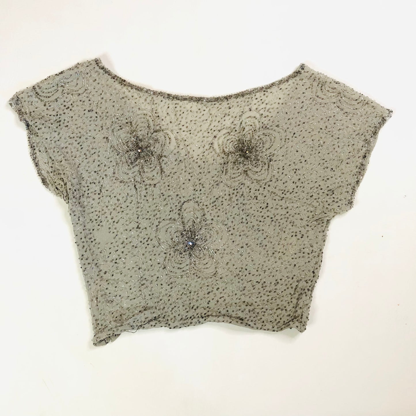 Vintage 1960's Grey Silver Handmade Heavily Beaded Crop Top Size Small