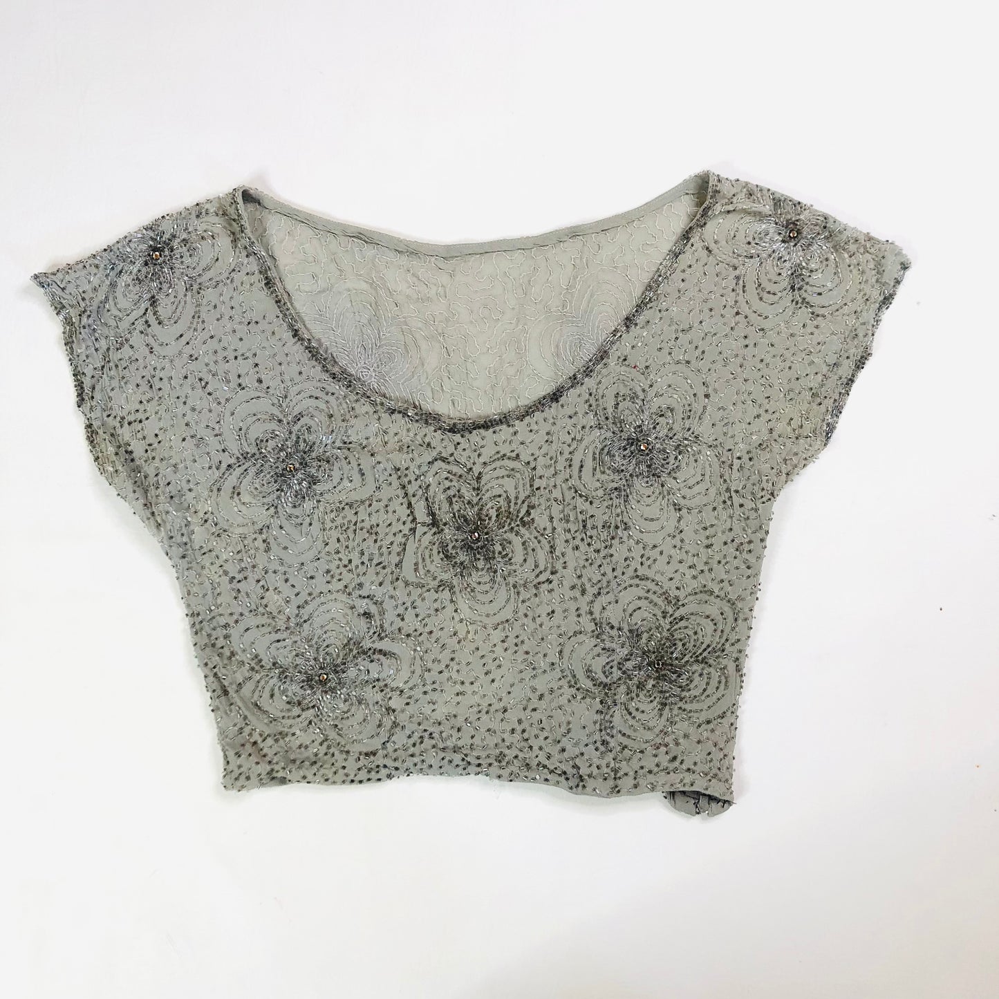 Vintage 1960's Grey Silver Handmade Heavily Beaded Crop Top Size Small