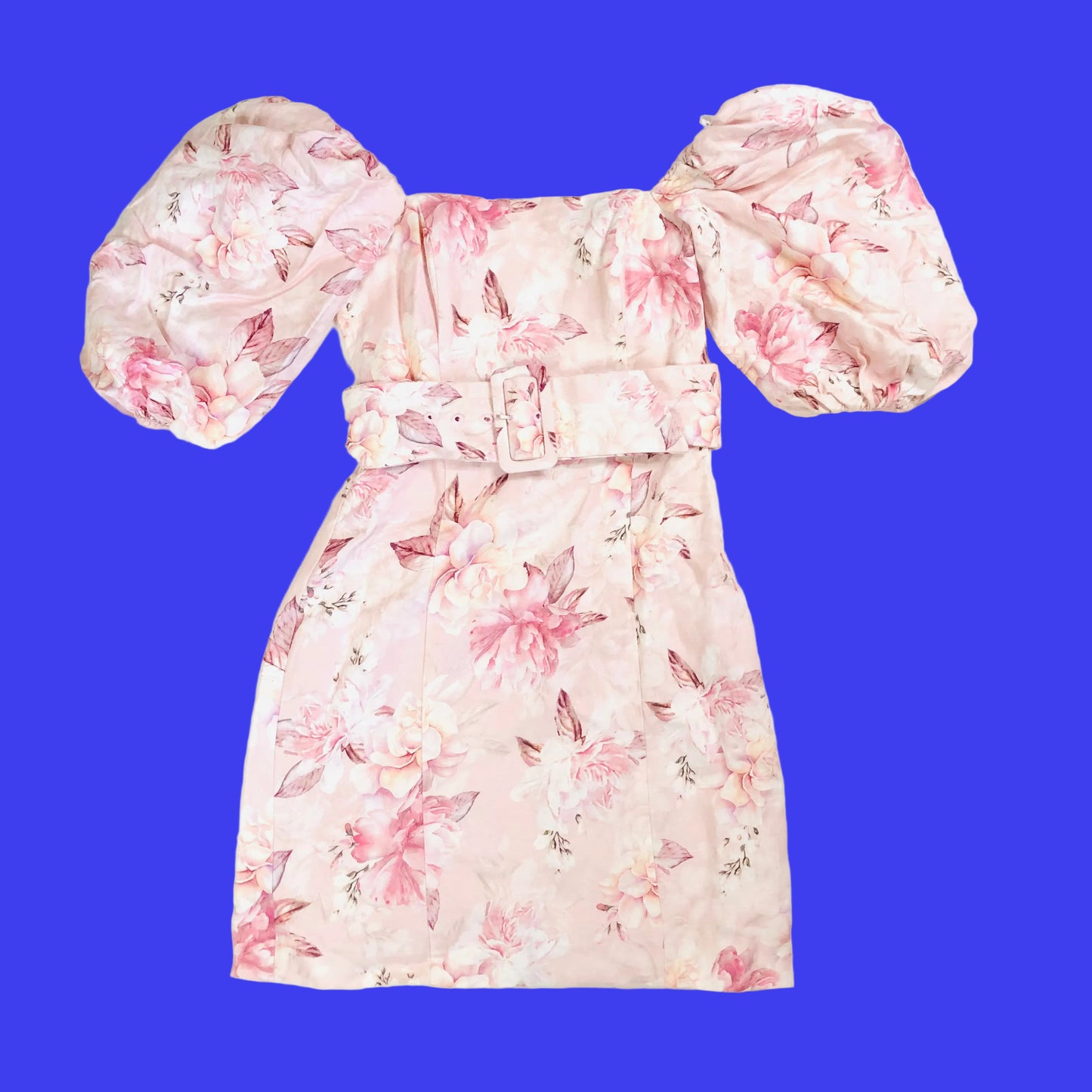 Forever New Puff Sleeve Pink Floral Linen Blend Mini Dress with Belt Size UK 6