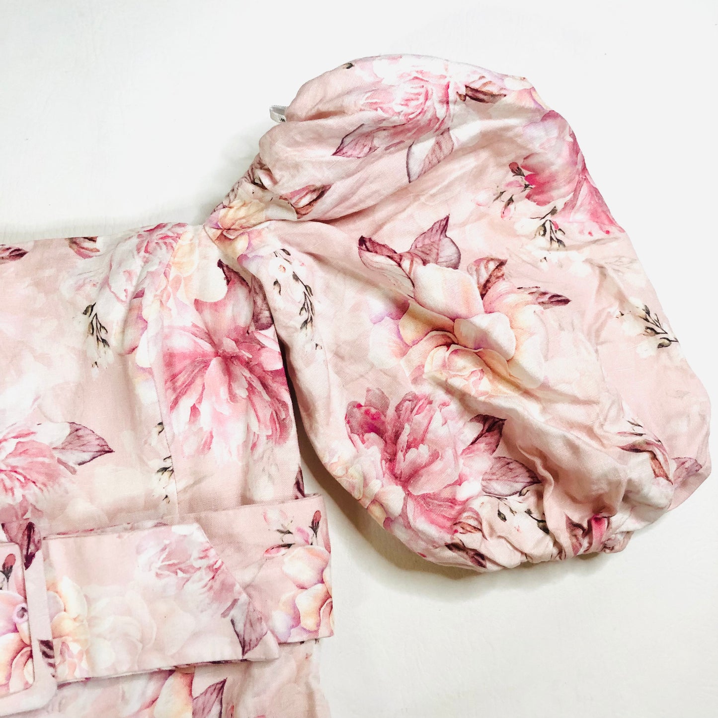 Forever New Puff Sleeve Pink Floral Linen Blend Mini Dress with Belt Size UK 6