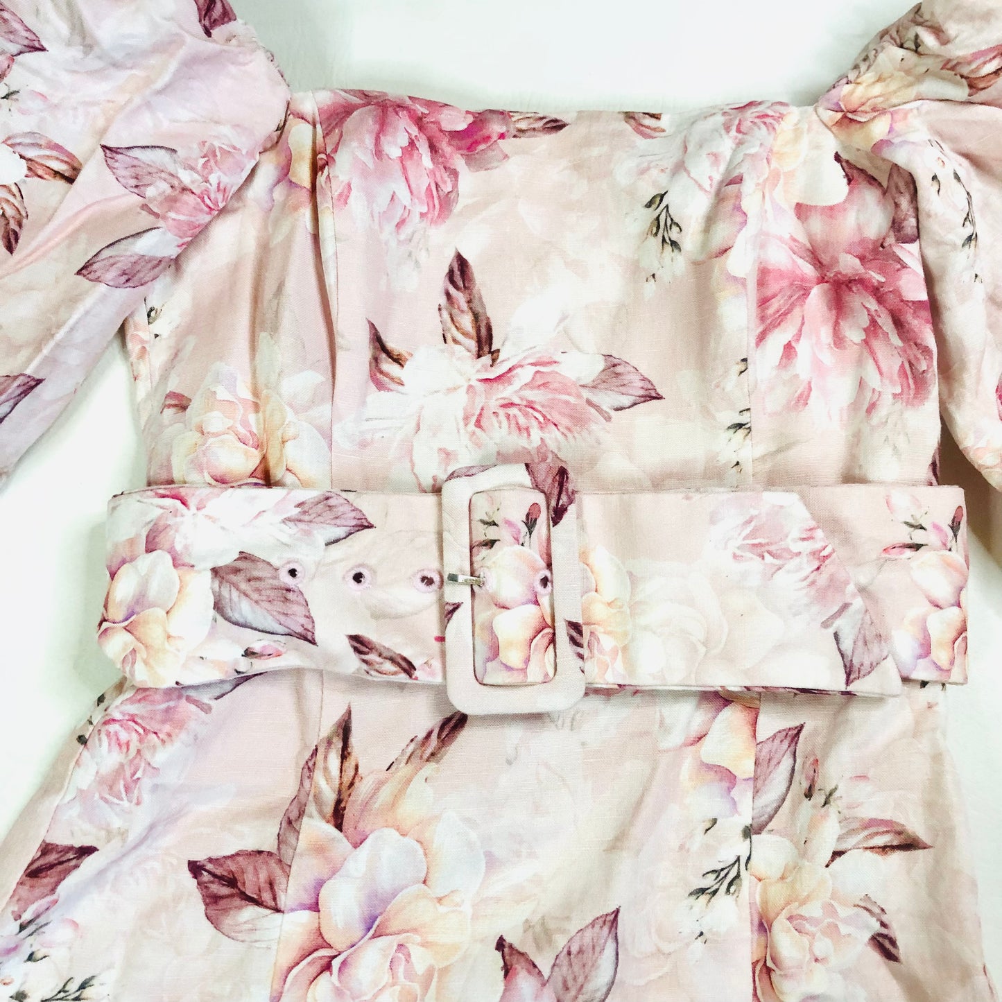 Forever New Puff Sleeve Pink Floral Linen Blend Mini Dress with Belt Size UK 6