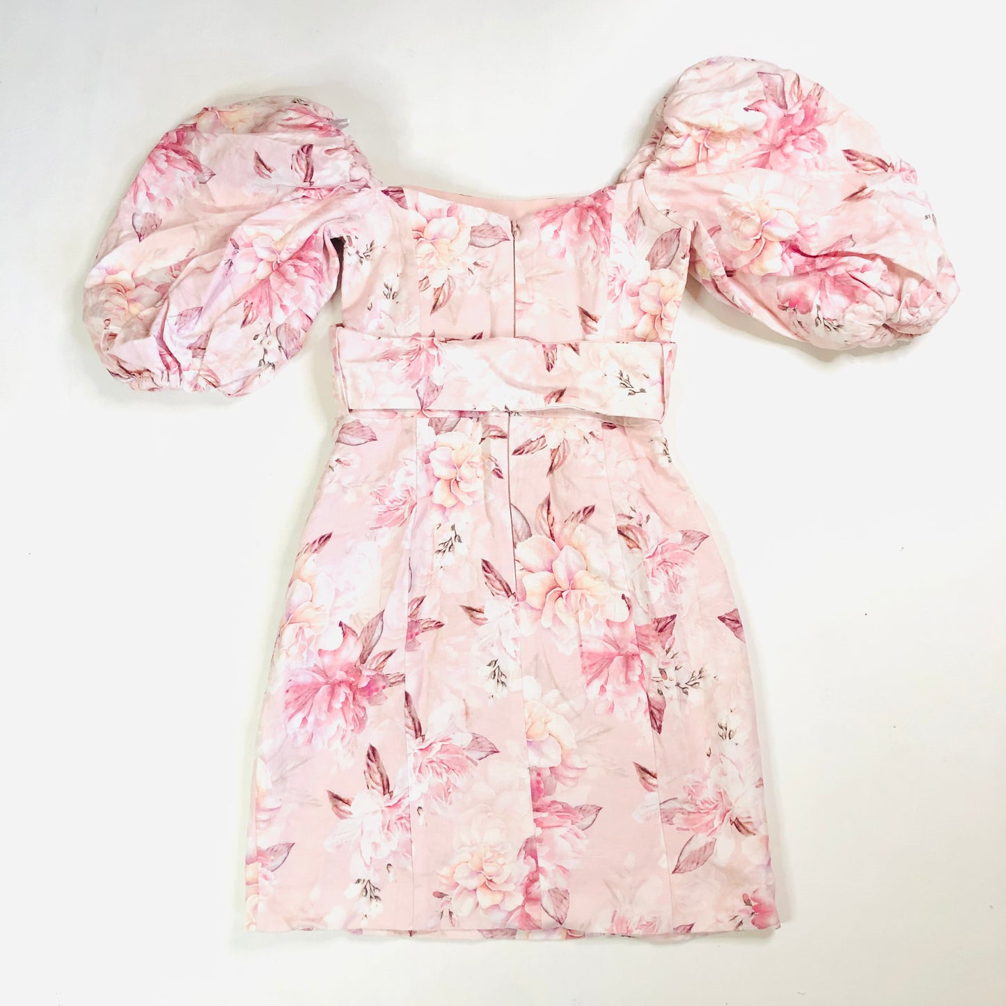 Forever New Puff Sleeve Pink Floral Linen Blend Mini Dress with Belt Size UK 6