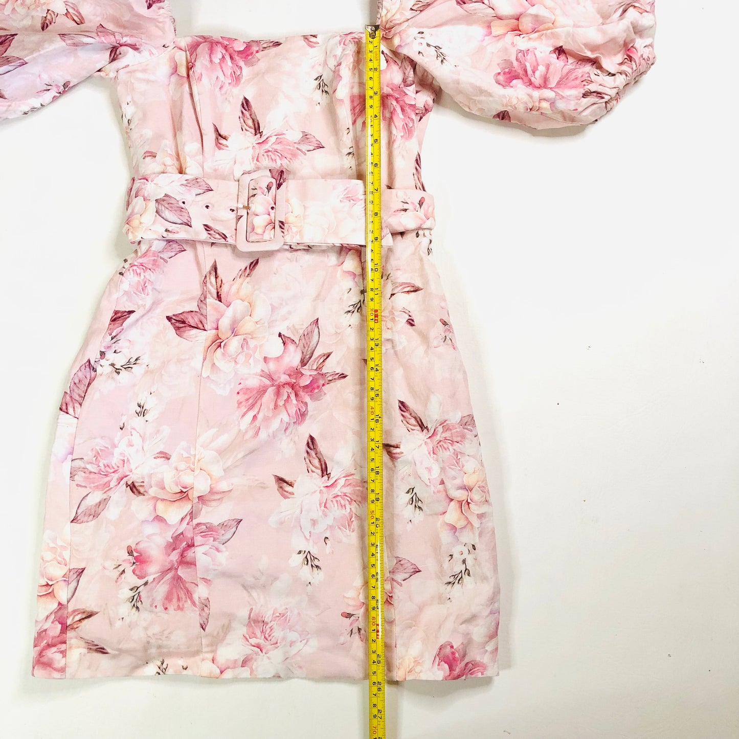 Forever New Puff Sleeve Pink Floral Linen Blend Mini Dress with Belt Size UK 6