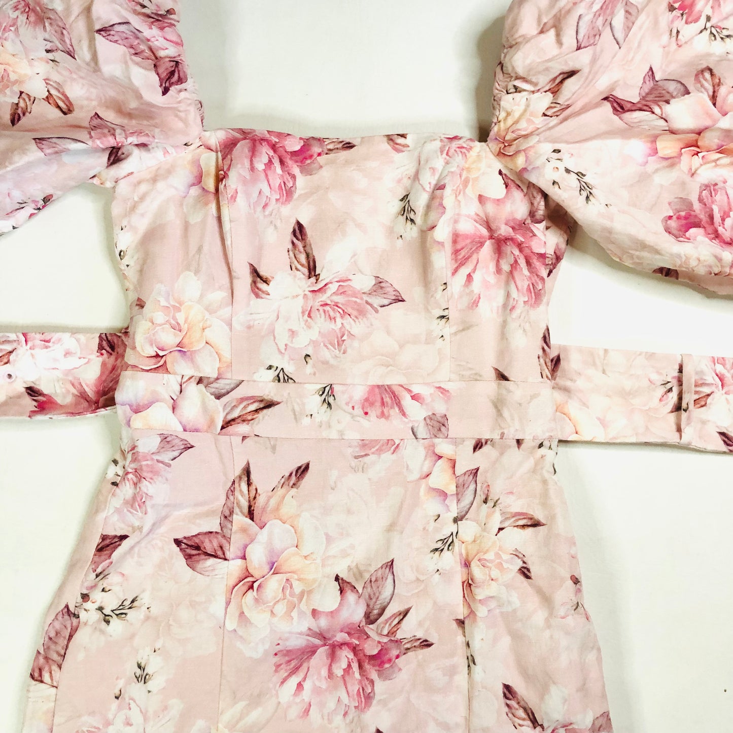 Forever New Puff Sleeve Pink Floral Linen Blend Mini Dress with Belt Size UK 6