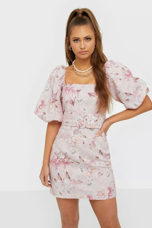 Forever New Puff Sleeve Pink Floral Linen Blend Mini Dress with Belt Size UK 6