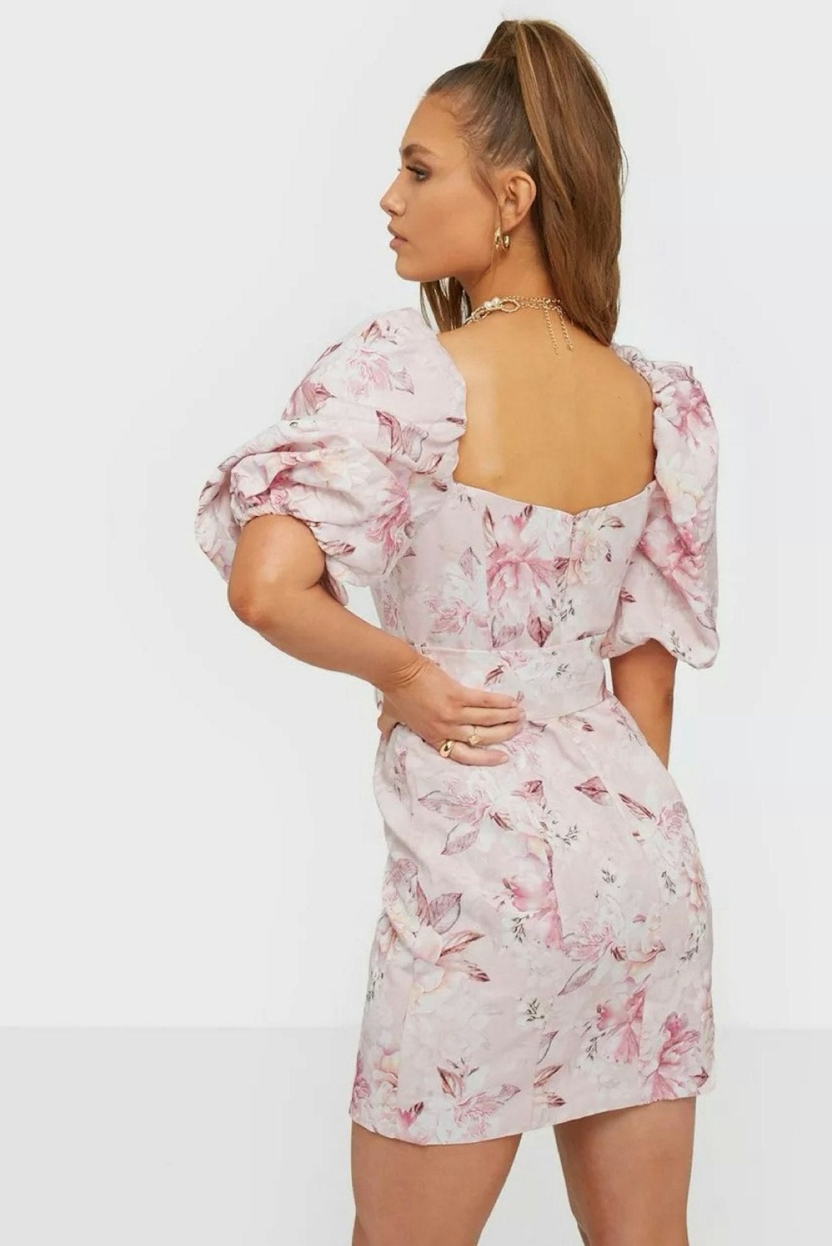Forever New Puff Sleeve Pink Floral Linen Blend Mini Dress with Belt Size UK 6
