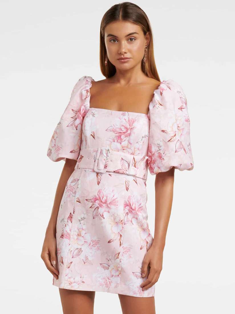 Forever New Puff Sleeve Pink Floral Linen Blend Mini Dress with Belt Size UK 6