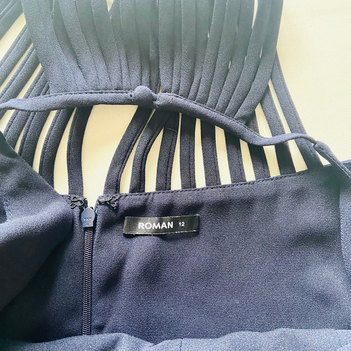 Roman | Navy Blue | Wide Leg Halterneck Back Detail Jumpsuit | Size 12 | 70s Revival