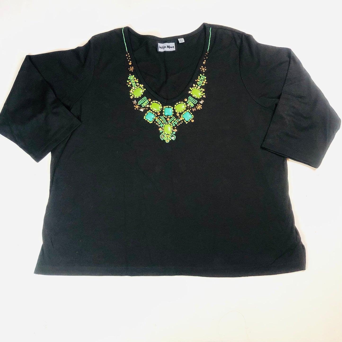 Indigo Moon Ladies Black 3/4 Sleeve Top With Green Beaded Neckline Size 3XL