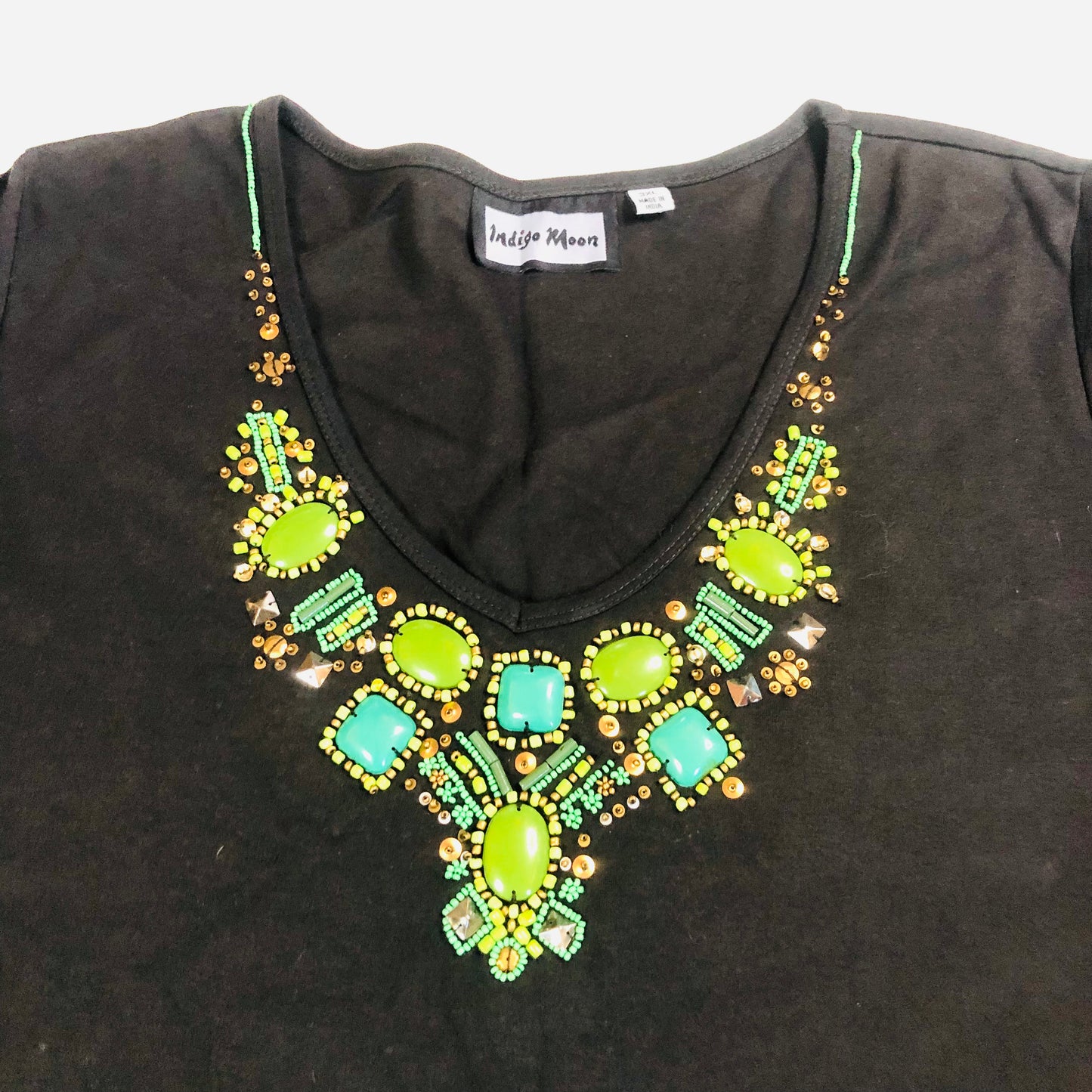 Indigo Moon Ladies Black 3/4 Sleeve Top With Green Beaded Neckline Size 3XL