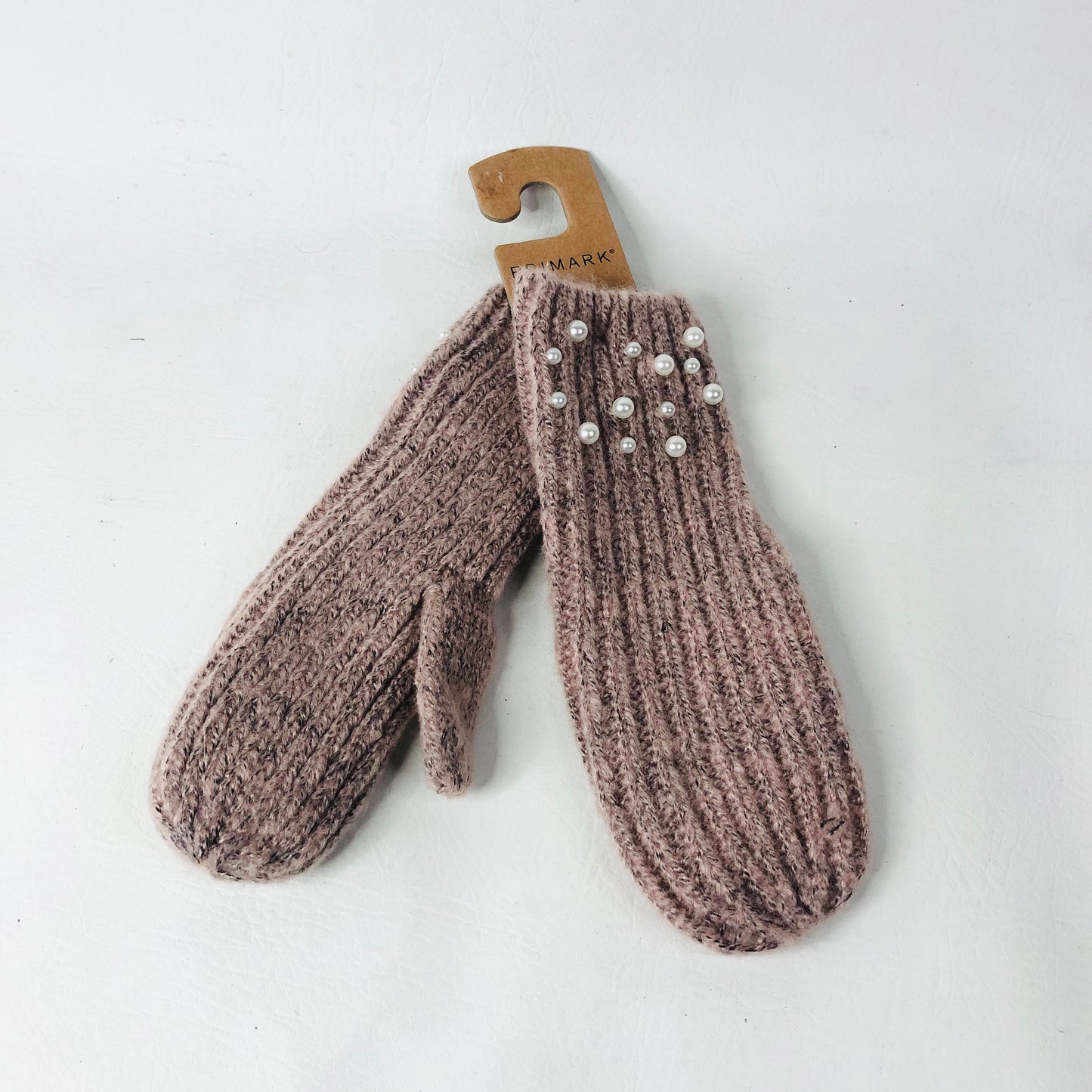 Primark Dusky Pink Mauve Marle Pearl Embelished Knit Mitten Gloves - One Size NEW