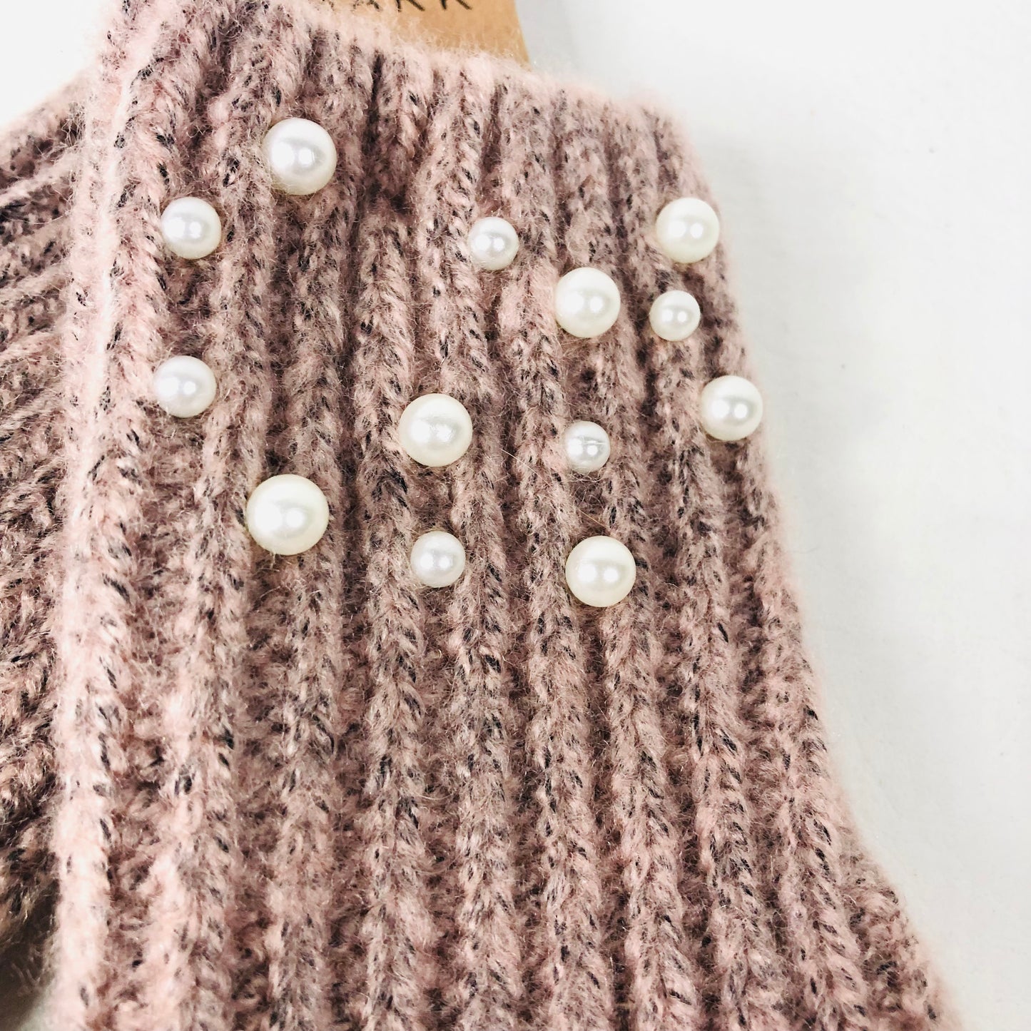 Primark Dusky Pink Mauve Marle Pearl Embelished Knit Mitten Gloves - One Size NEW