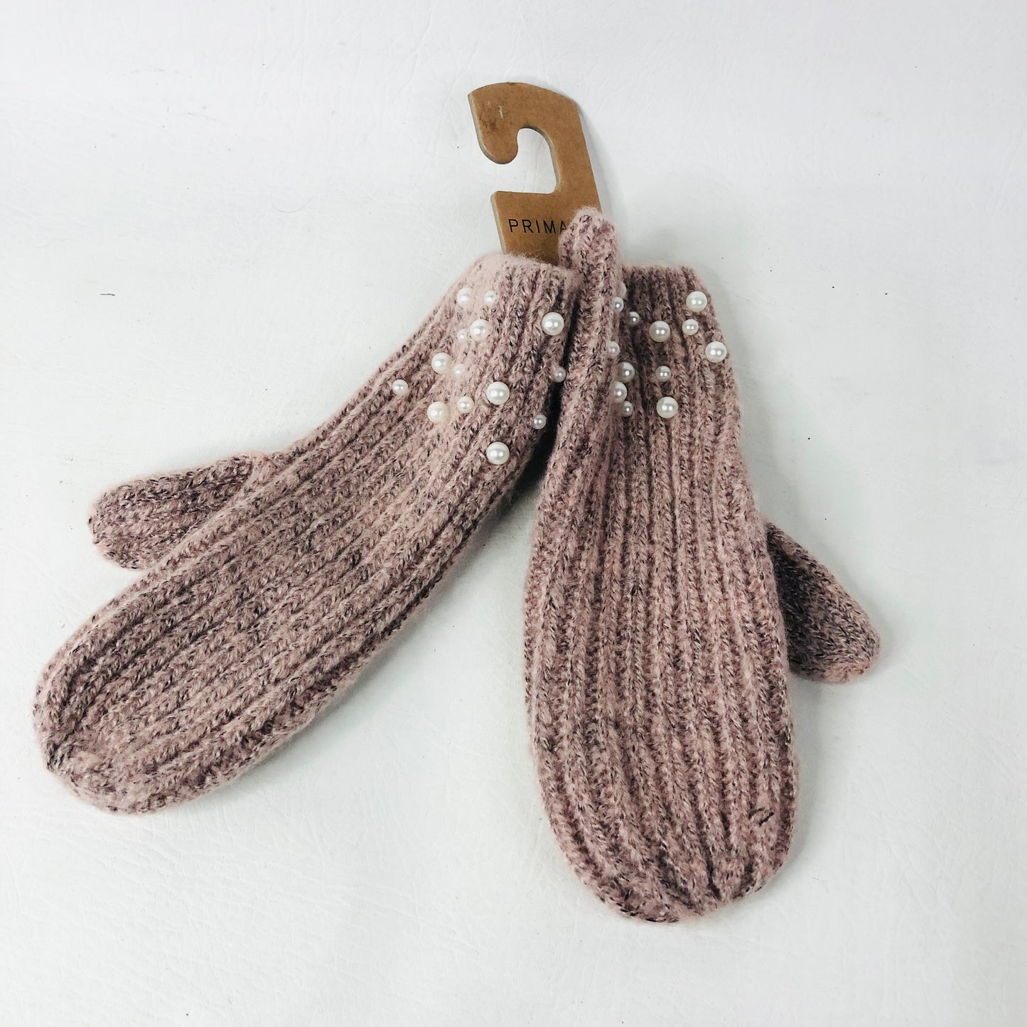 Primark Dusky Pink Mauve Marle Pearl Embelished Knit Mitten Gloves - One Size NEW