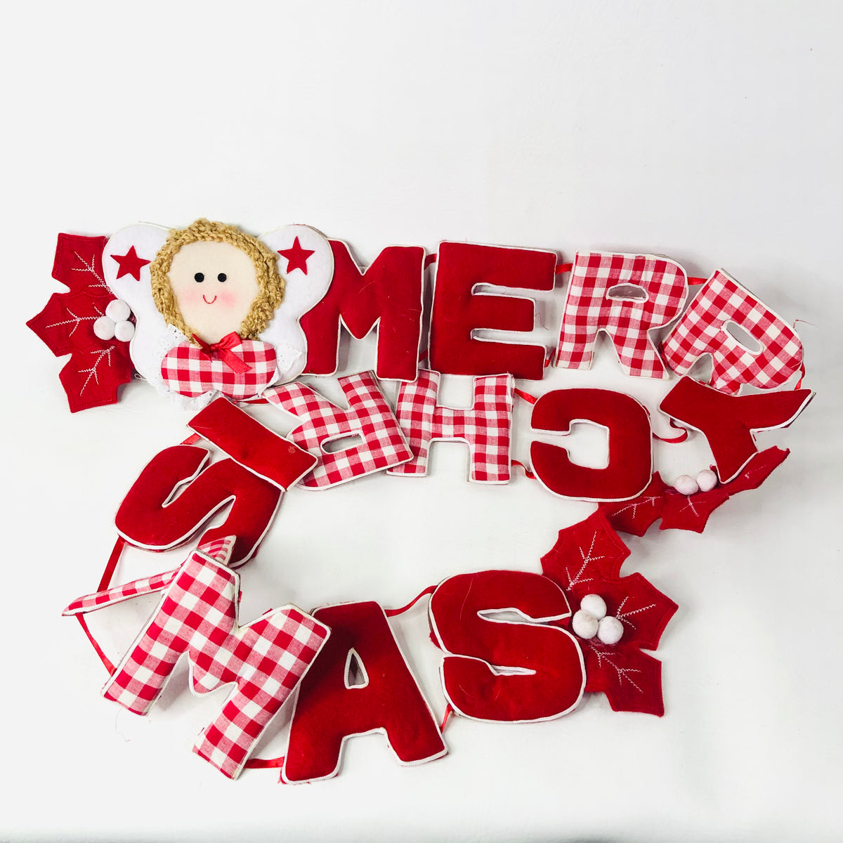 Vintage Style Merry Christmas Fabric Garland - Red Gingham, Angels Bunting