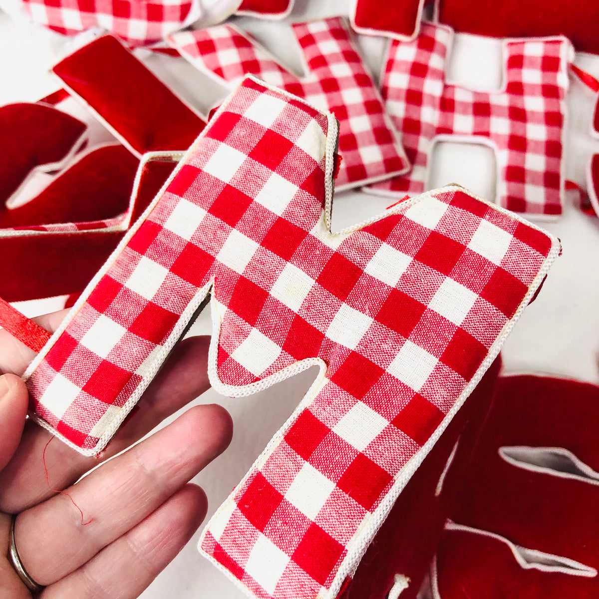 Vintage Style Merry Christmas Fabric Garland - Red Gingham, Angels Bunting
