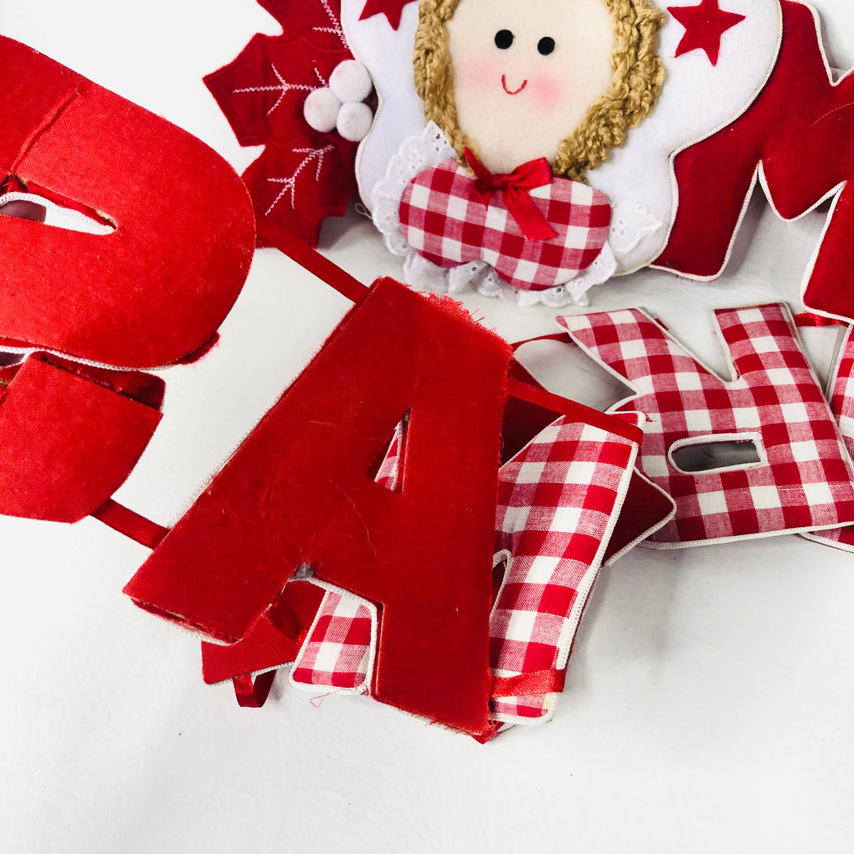 Vintage Style Merry Christmas Fabric Garland - Red Gingham, Angels Bunting