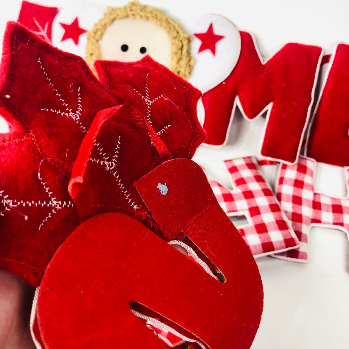 Vintage Style Merry Christmas Fabric Garland - Red Gingham, Angels Bunting