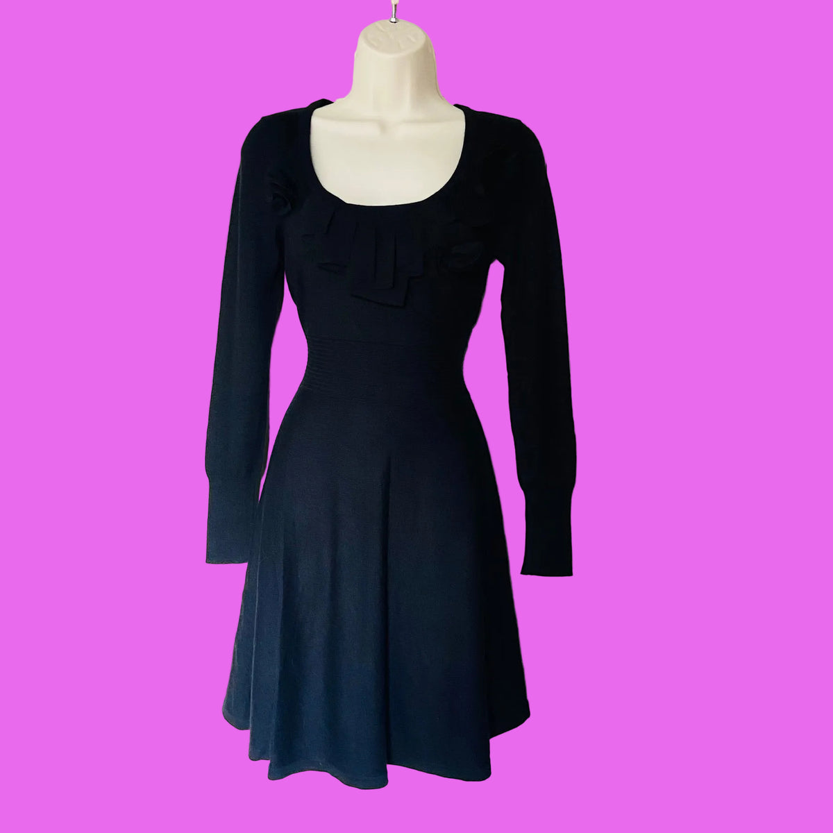 Belle by Oasis | Black | Fine Knit Skater Dress With Ruffle | Size Small | Y2K Coquette | 3D Rosette