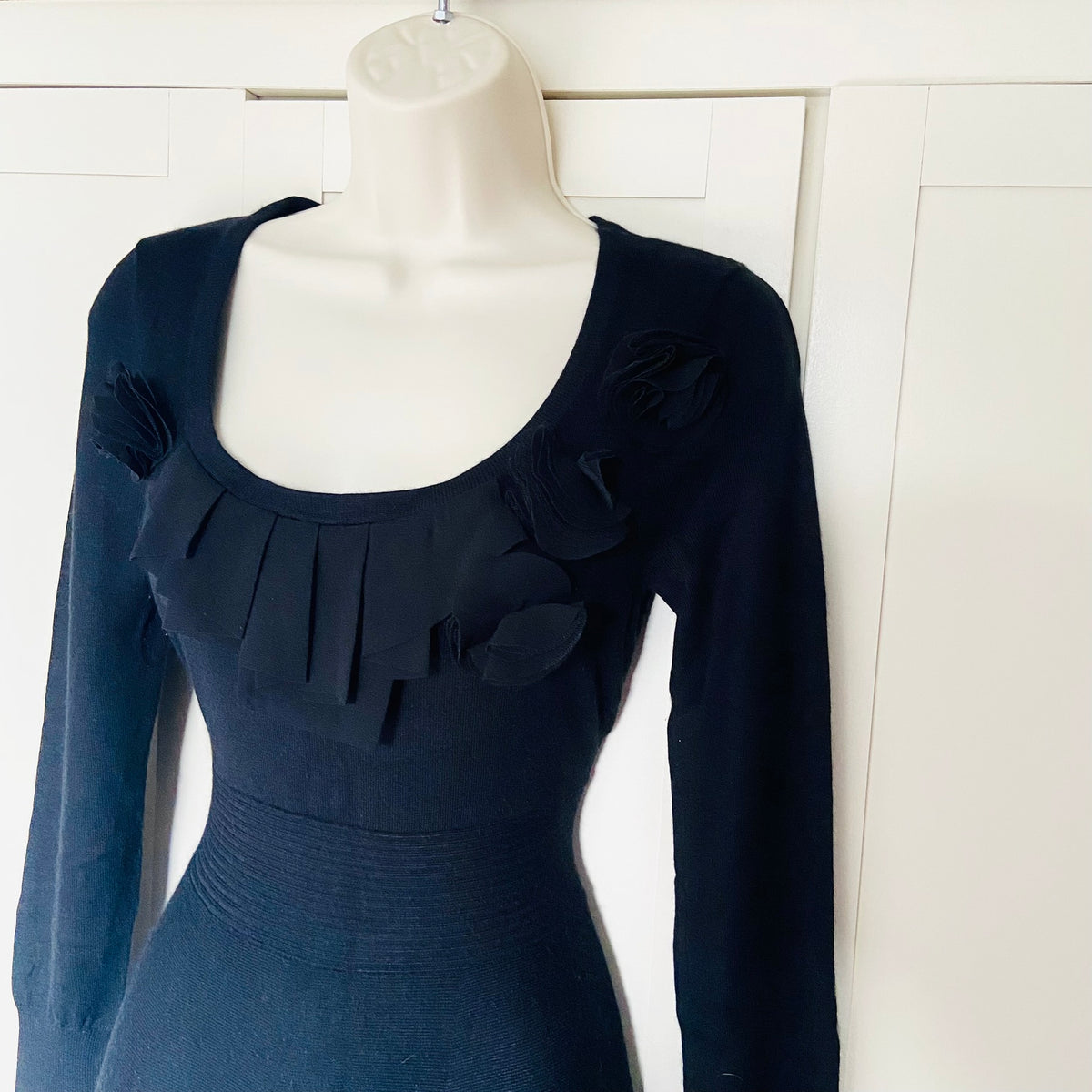 Belle by Oasis | Black | Fine Knit Skater Dress With Ruffle | Size Small | Y2K Coquette | 3D Rosette