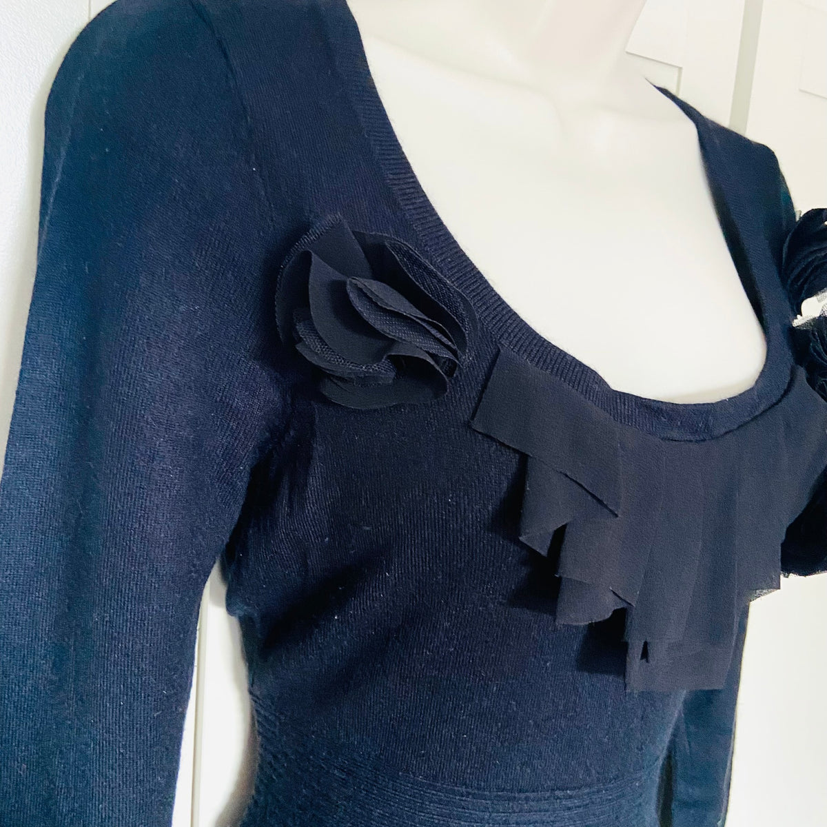 Belle by Oasis | Black | Fine Knit Skater Dress With Ruffle | Size Small | Y2K Coquette | 3D Rosette
