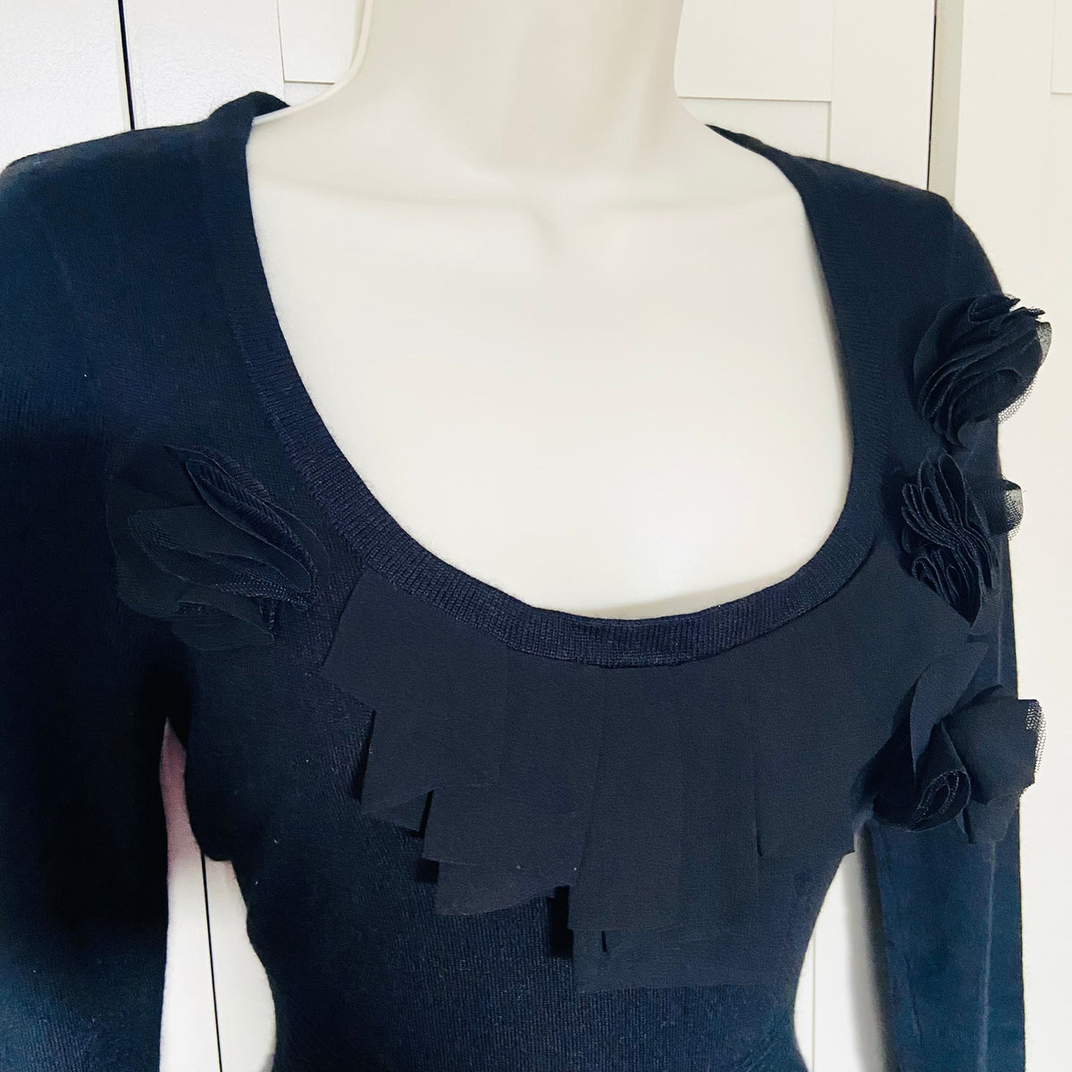 Belle by Oasis | Black | Fine Knit Skater Dress With Ruffle | Size Small | Y2K Coquette | 3D Rosette