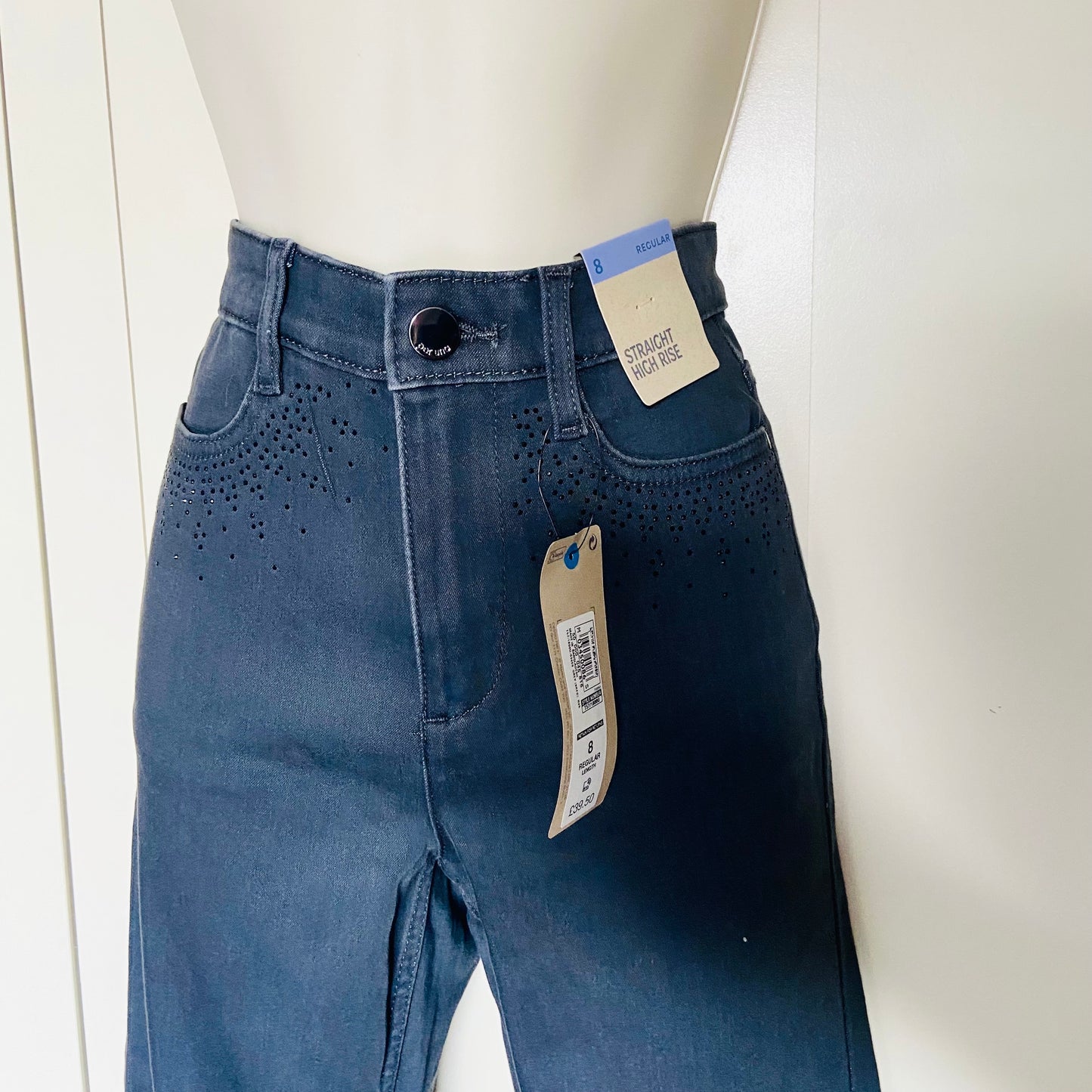 Per Una (Marks & Spencer) | High Waisted Grey Stretch Straight Leg Jeans | Gem Embellished | Size 8 | New