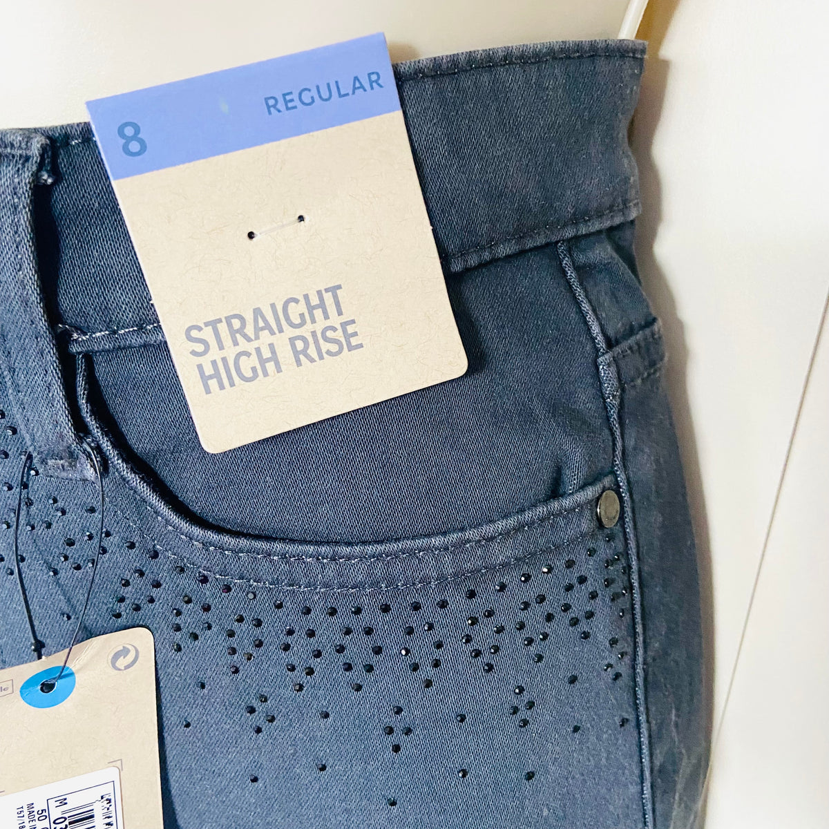 Per Una (Marks & Spencer) | High Waisted Grey Stretch Straight Leg Jeans | Gem Embellished | Size 8 | New
