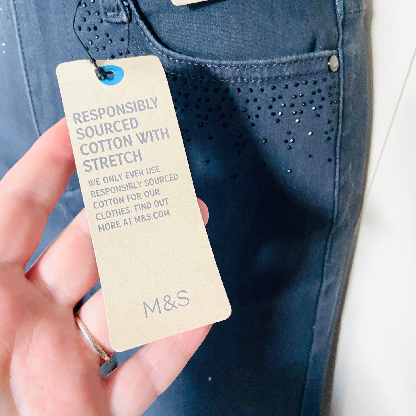 Per Una (Marks & Spencer) | High Waisted Grey Stretch Straight Leg Jeans | Gem Embellished | Size 8 | New