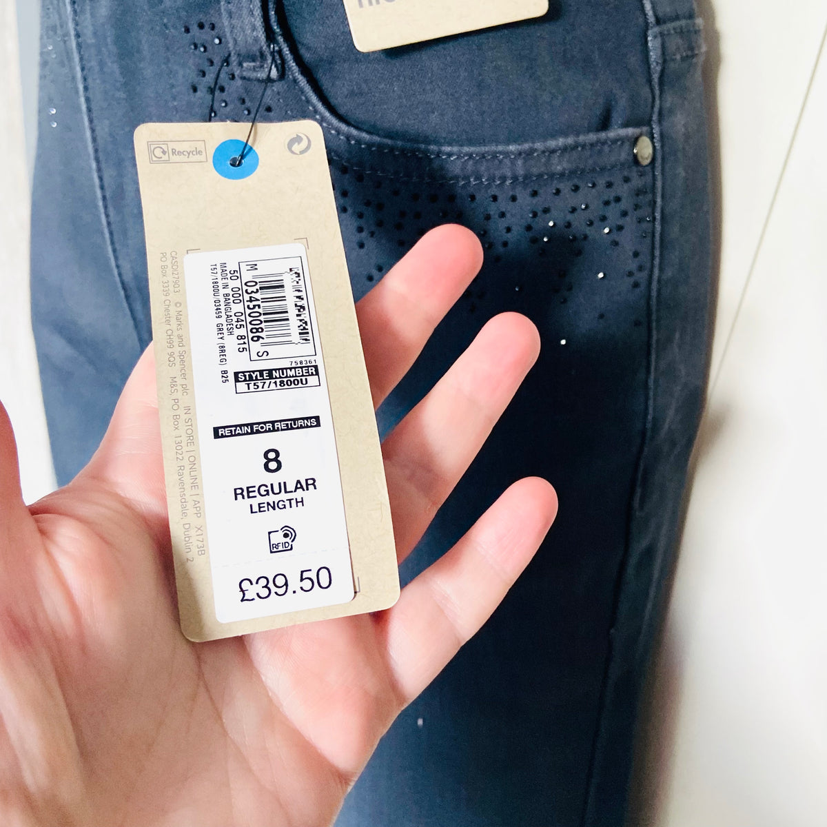Per Una (Marks & Spencer) | High Waisted Grey Stretch Straight Leg Jeans | Gem Embellished | Size 8 | New