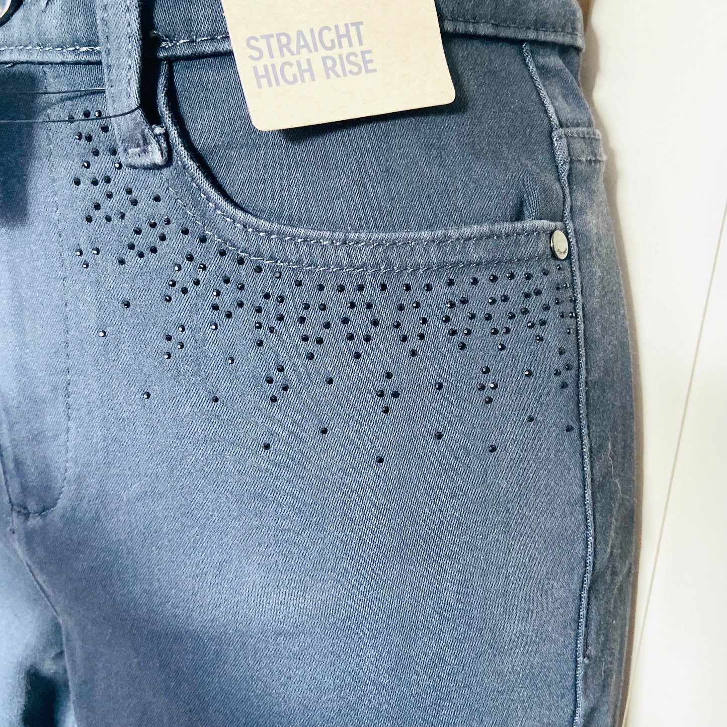 Per Una (Marks & Spencer) | High Waisted Grey Stretch Straight Leg Jeans | Gem Embellished | Size 8 | New