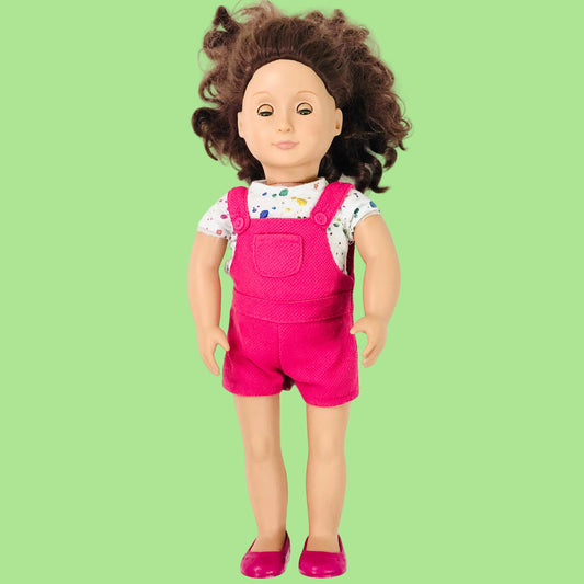 Our Generation 18" Doll Splash of Fun Pink Overalls Outfit W/ T-shirt & Shoes Brunette (Brown) Hair
