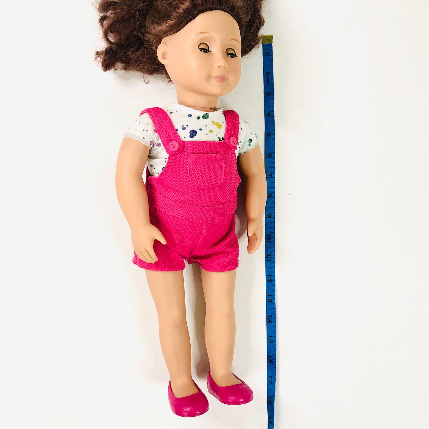 Our Generation 18" Doll Splash of Fun Pink Overalls Outfit W/ T-shirt & Shoes Brunette (Brown) Hair