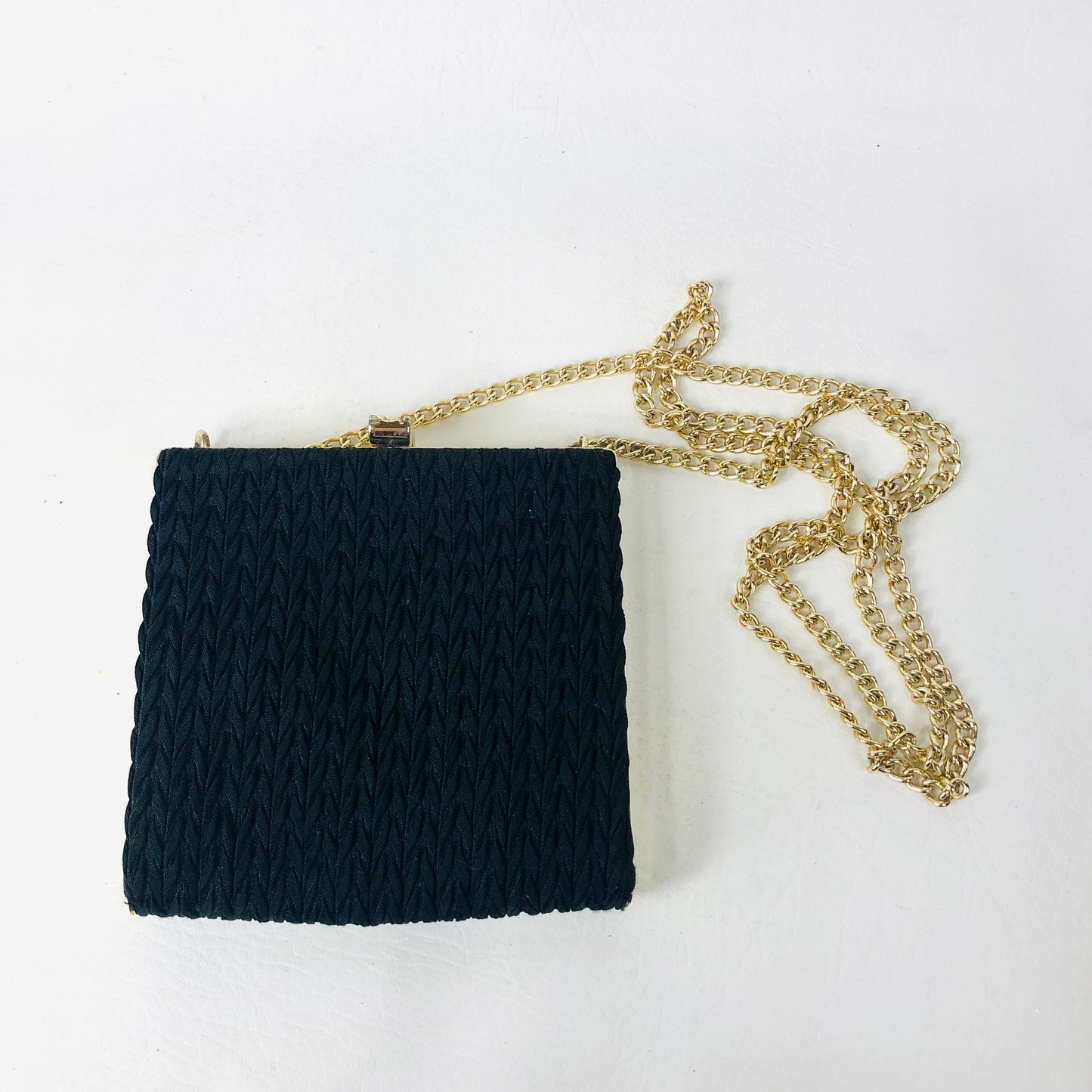 Vintage 80s/90s Black Fabric Square Hard Case Clutch Bag With Gold Chain Strap