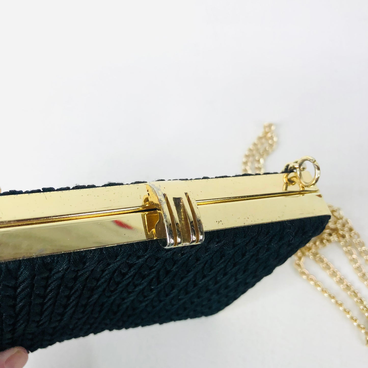 Vintage 80s/90s Black Fabric Square Hard Case Clutch Bag With Gold Chain Strap