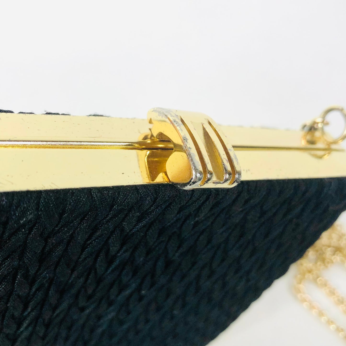 Vintage 80s/90s Black Fabric Square Hard Case Clutch Bag With Gold Chain Strap