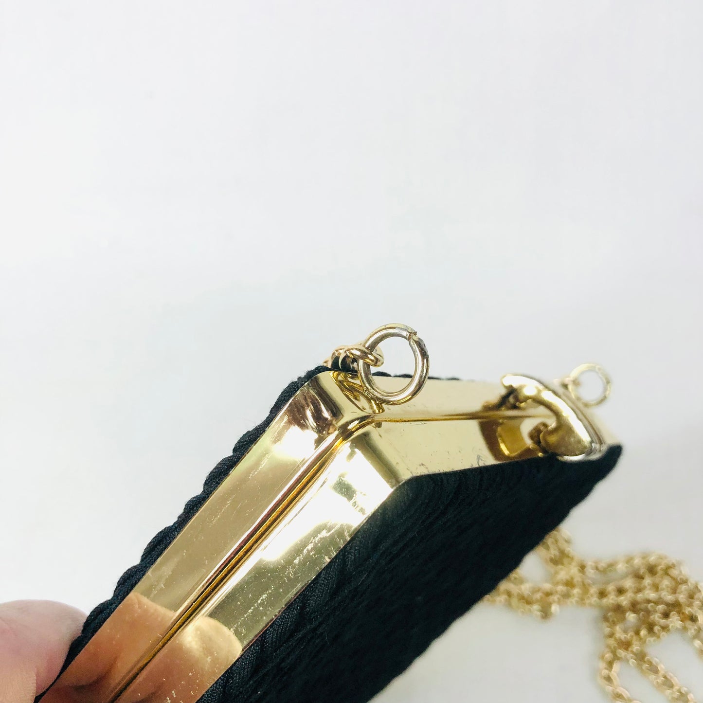 Vintage 80s/90s Black Fabric Square Hard Case Clutch Bag With Gold Chain Strap