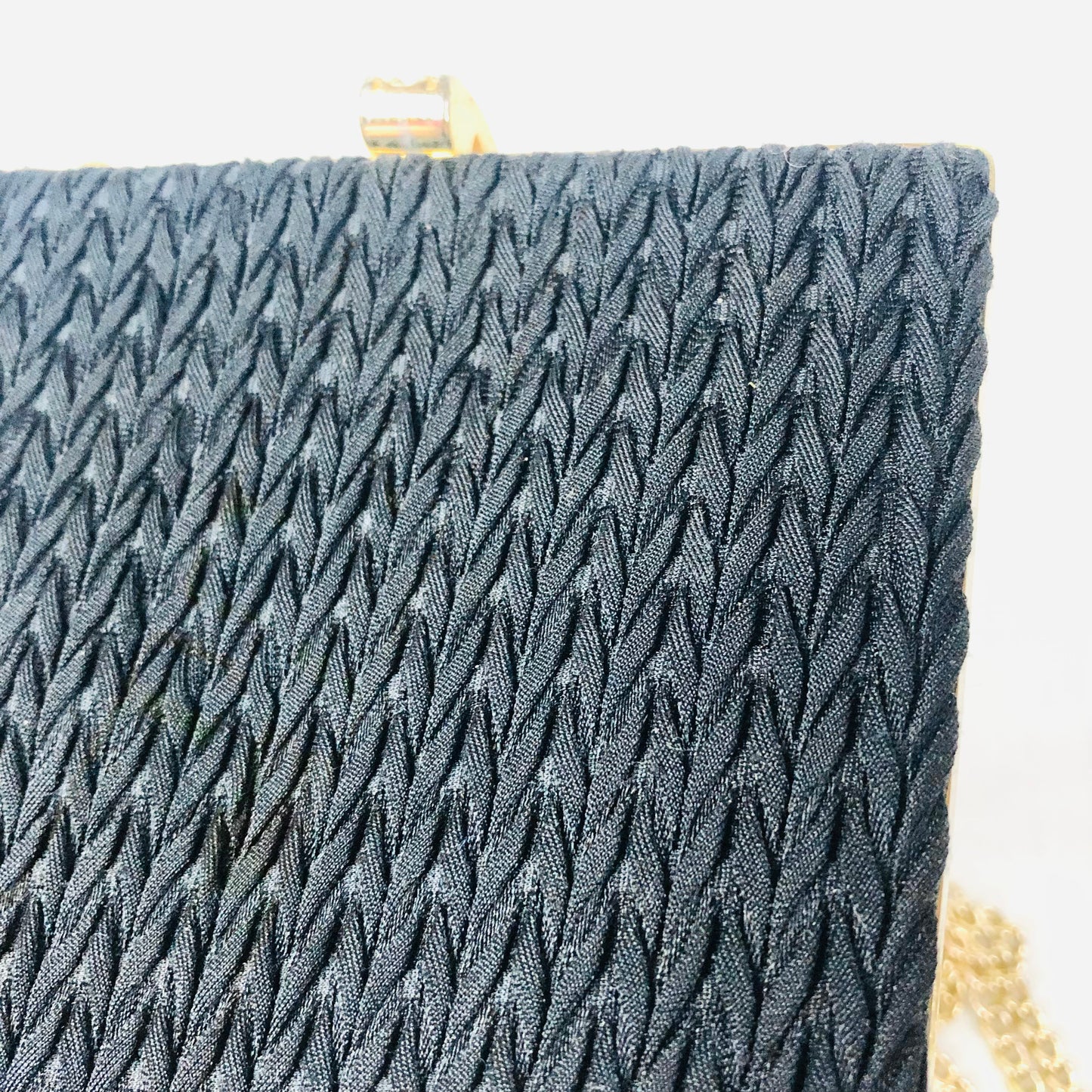Vintage 80s/90s Black Fabric Square Hard Case Clutch Bag With Gold Chain Strap