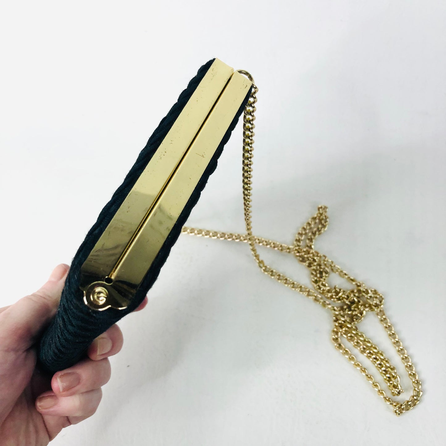 Vintage 80s/90s Black Fabric Square Hard Case Clutch Bag With Gold Chain Strap