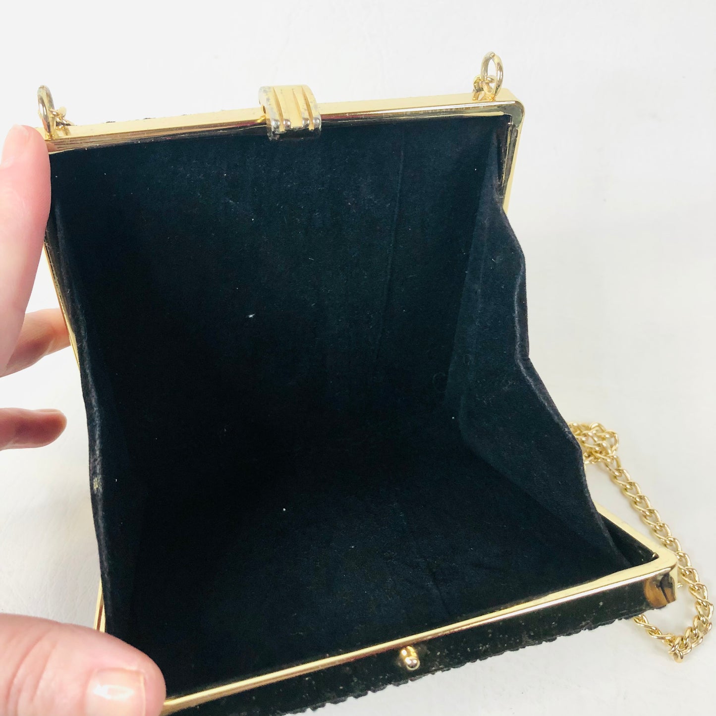 Vintage 80s/90s Black Fabric Square Hard Case Clutch Bag With Gold Chain Strap