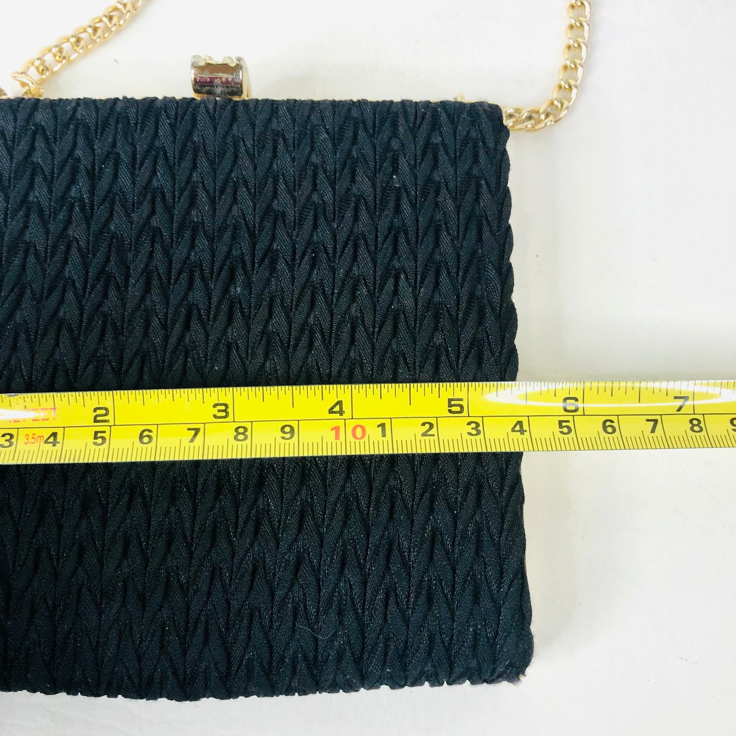 Vintage 80s/90s Black Fabric Square Hard Case Clutch Bag With Gold Chain Strap