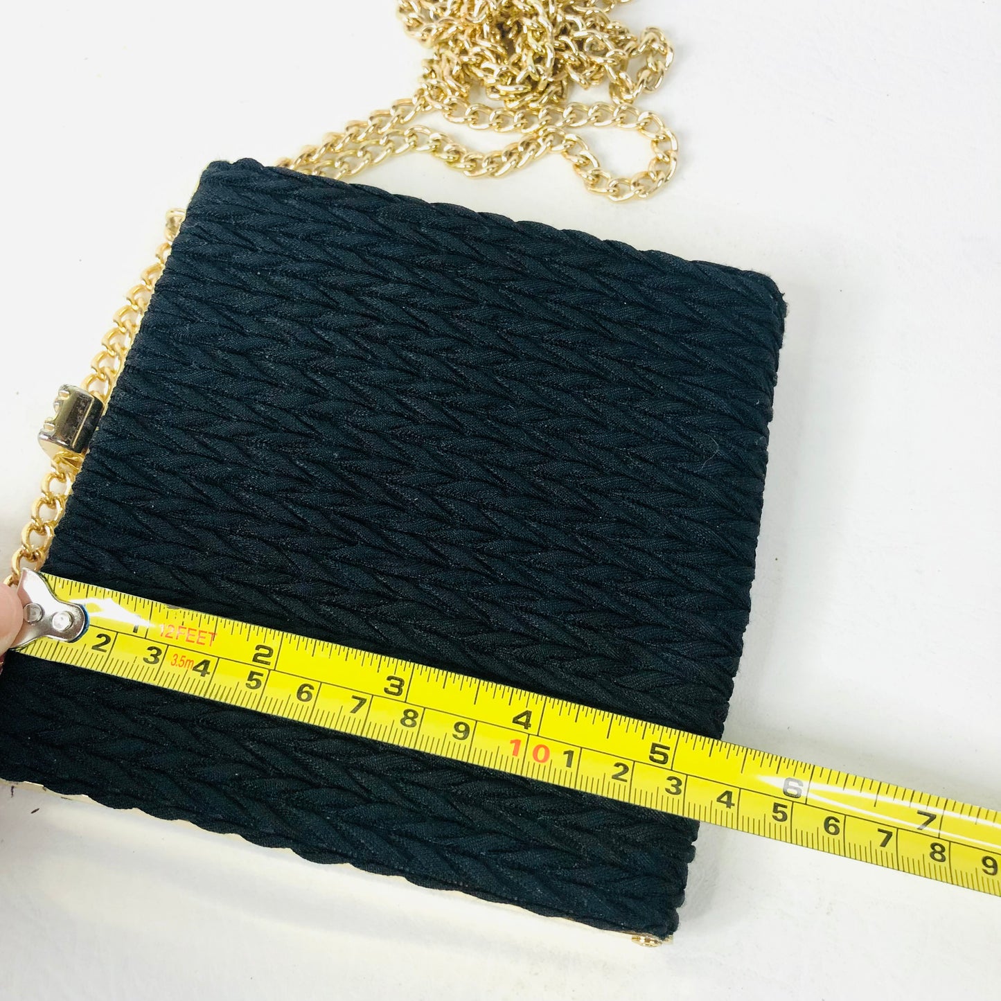 Vintage 80s/90s Black Fabric Square Hard Case Clutch Bag With Gold Chain Strap