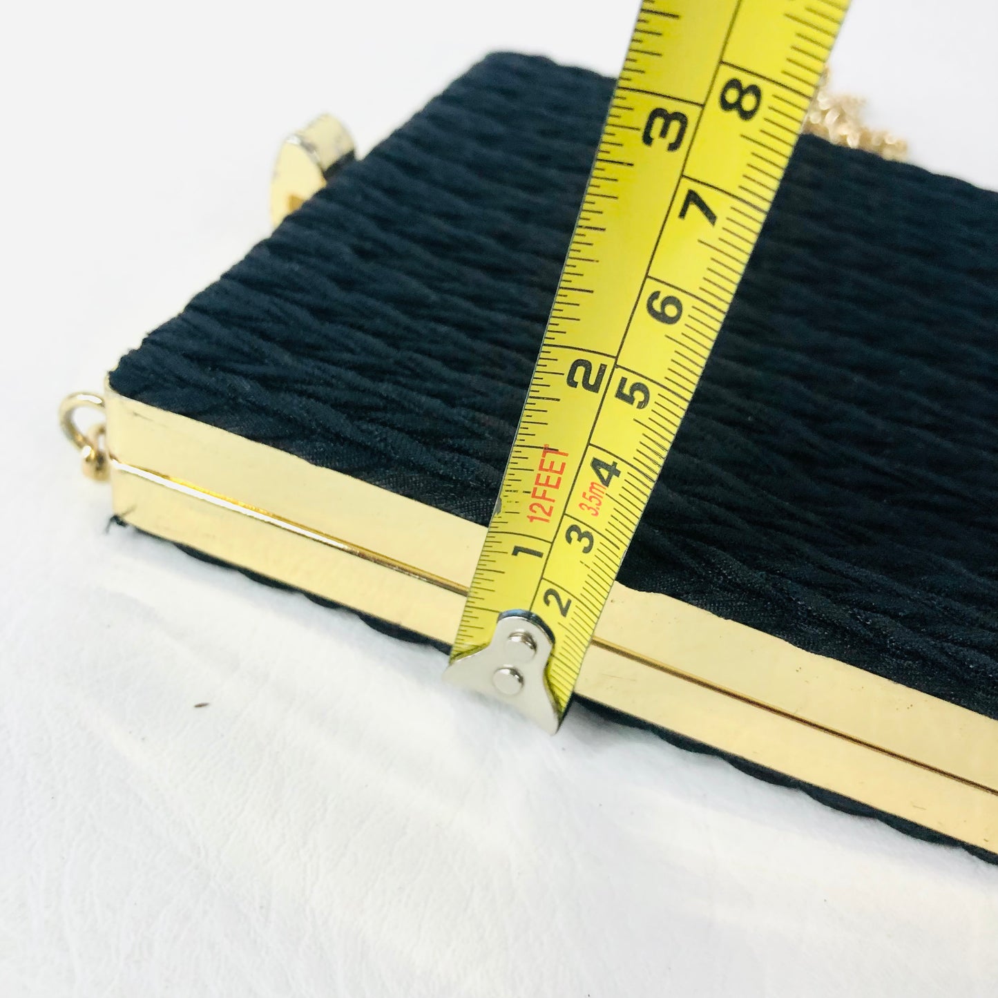 Vintage 80s/90s Black Fabric Square Hard Case Clutch Bag With Gold Chain Strap