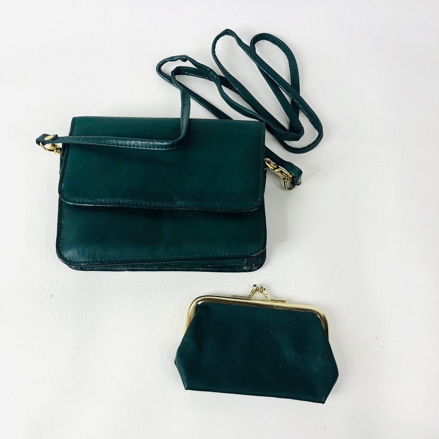 Vintage Orvis Hunter Green Leather Clutch Bag Belt Crossbody Bag With Attachable Purse