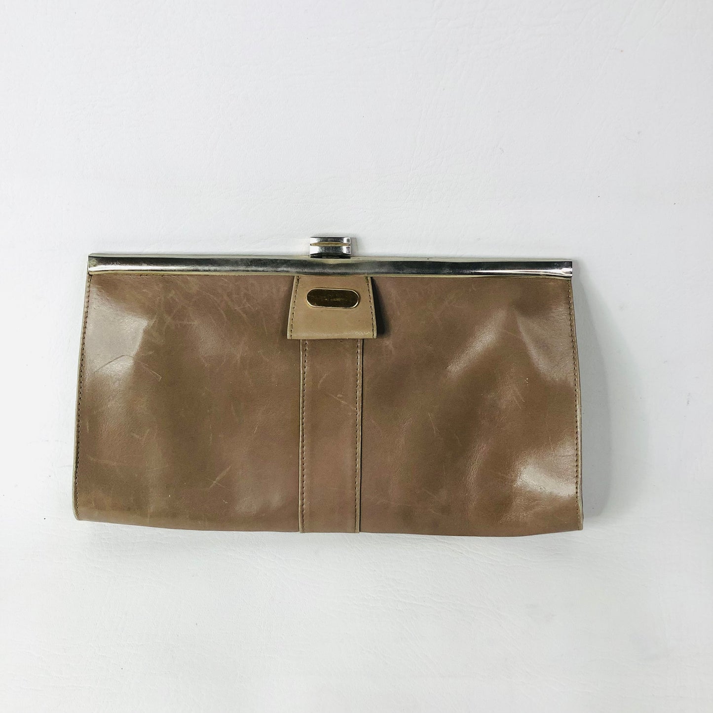 Vintage Taupe Leather Rectangle Clutch Bag Handbag Suede Lining