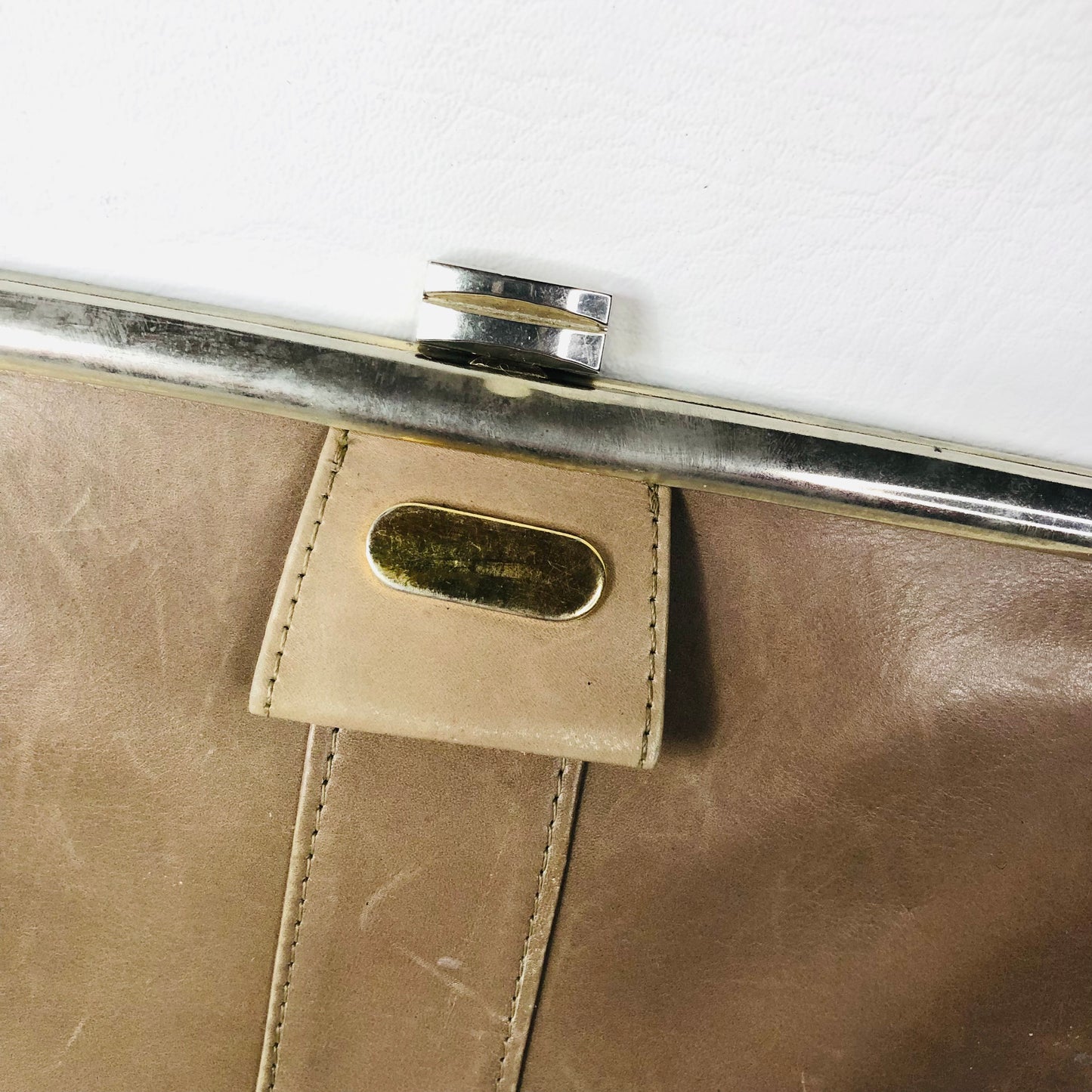 Vintage Taupe Leather Rectangle Clutch Bag Handbag Suede Lining