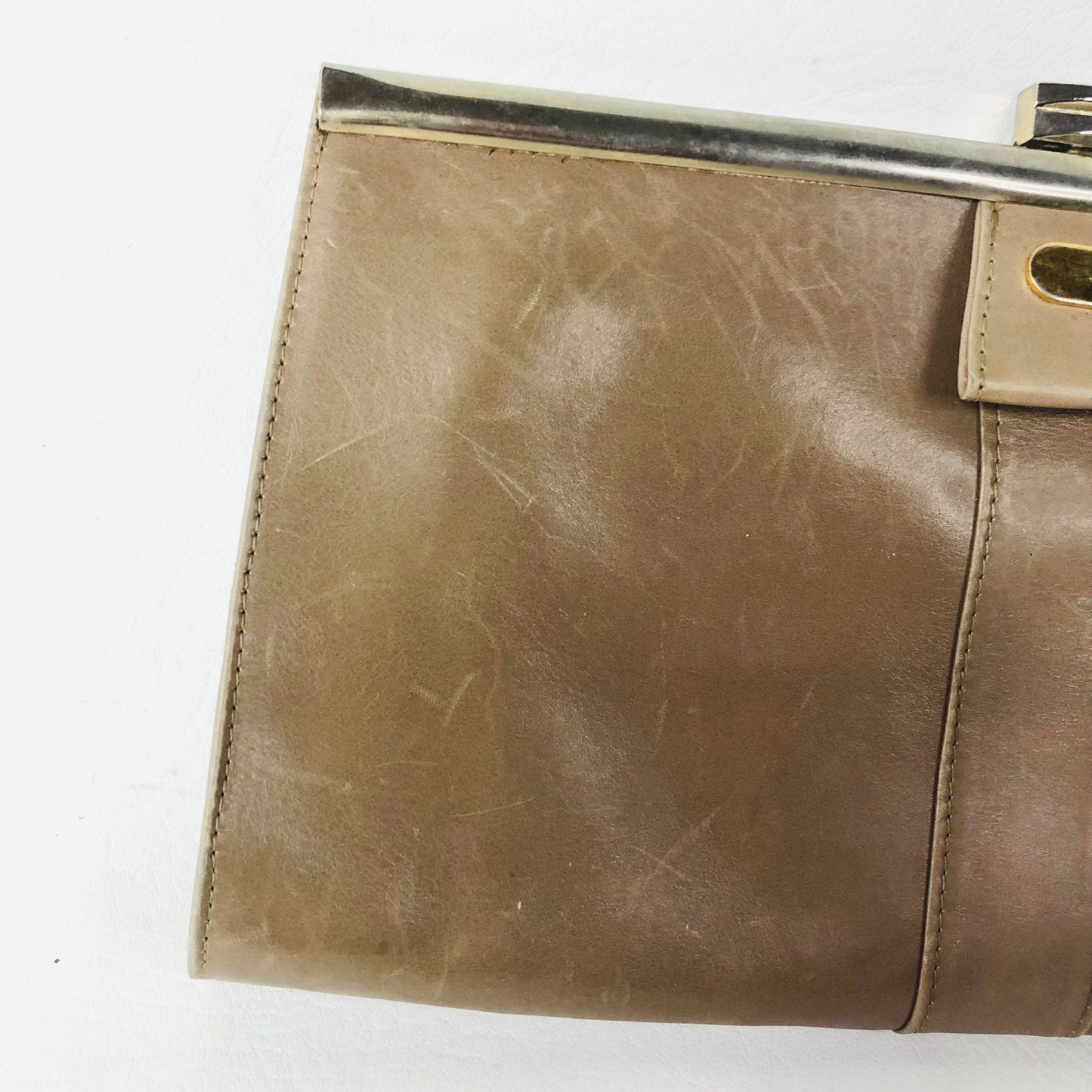 Vintage Taupe Leather Rectangle Clutch Bag Handbag Suede Lining