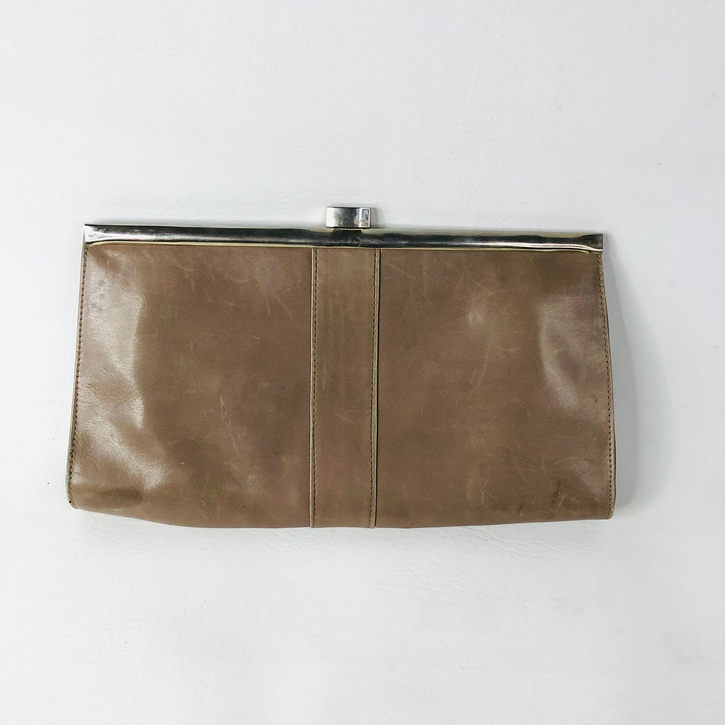 Vintage Taupe Leather Rectangle Clutch Bag Handbag Suede Lining
