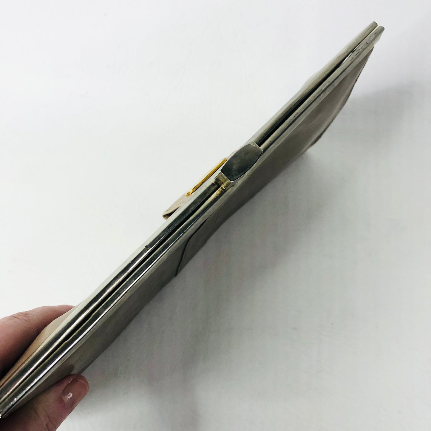 Vintage Taupe Leather Rectangle Clutch Bag Handbag Suede Lining