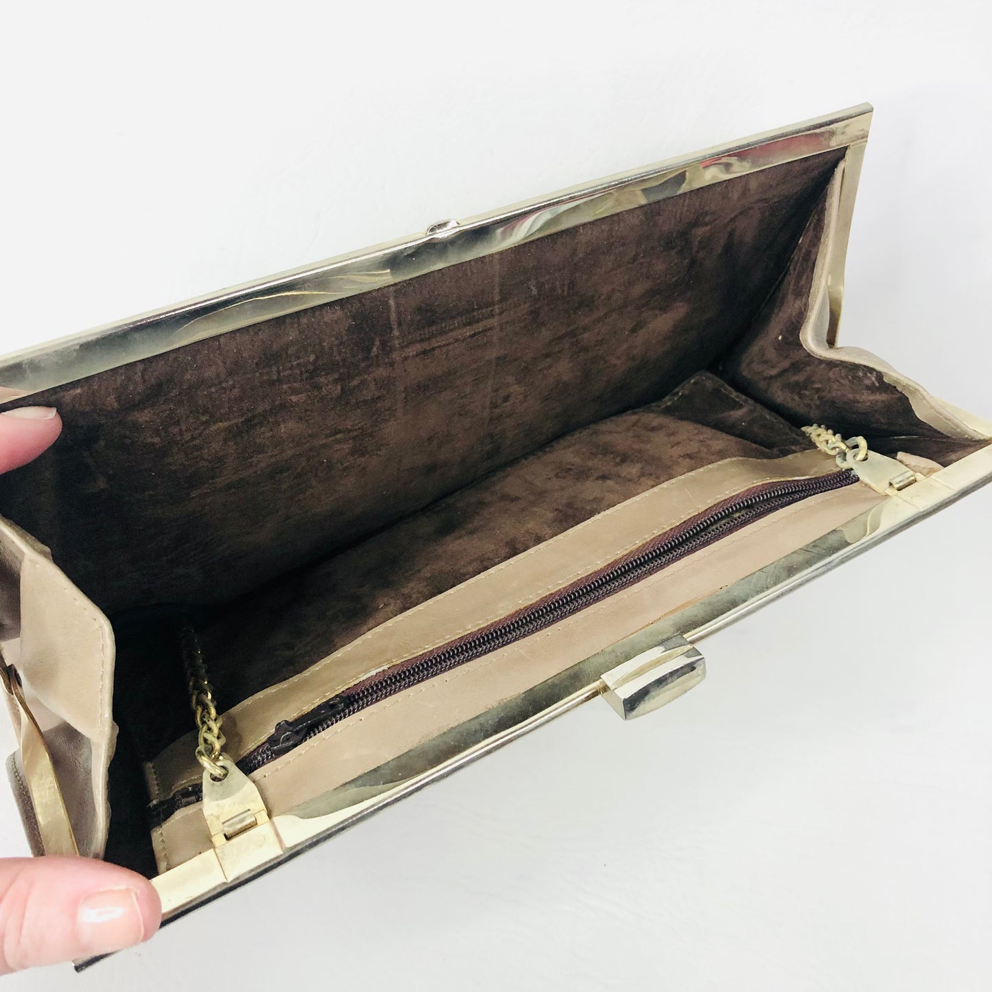 Vintage Taupe Leather Rectangle Clutch Bag Handbag Suede Lining